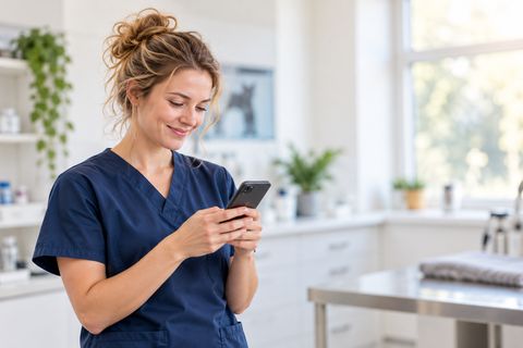 Une ASV consulte une offre sur son téléphone