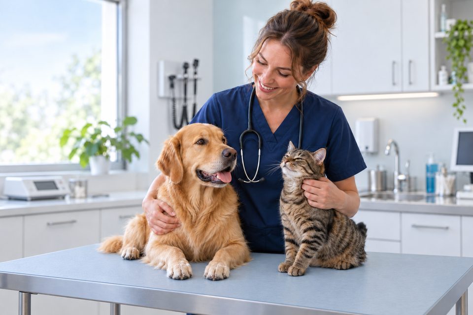 Une vétérinaire avec un chien et un chat dans une clinique lumineuse